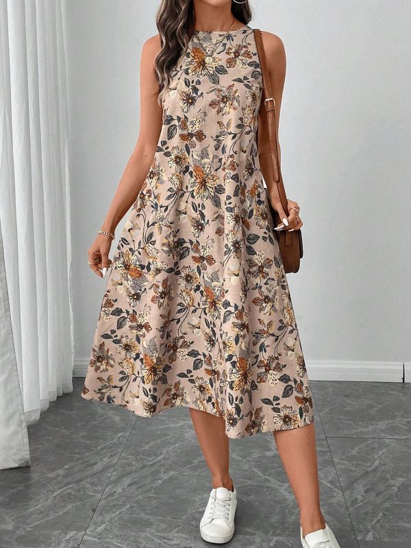 Round Neck Sleeveless Flared Hem Retro Floral Print Casual Elegant Midi Dress - Image 2