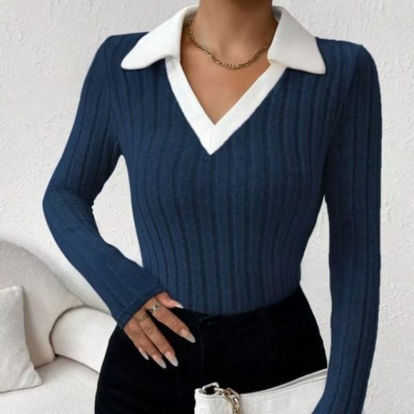 Ladies' Fashion Elegant Solid Color Long Sleeve Autumn Winter POLO Collar Fake Two Piece T-shirt Top Elegant Customization - Image 3