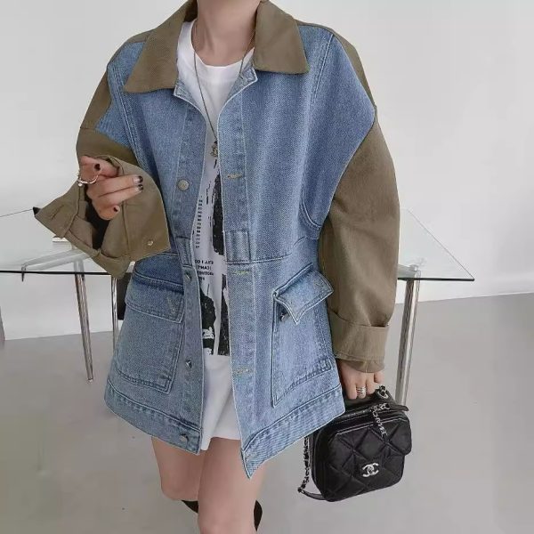 All-matching Fashion Color Contrast Stitching Denim Baggy Coat Women