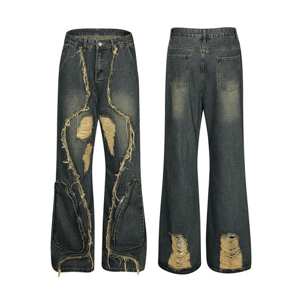 High Street Re-niche Deconstruction Tassel Hole Denim Men's Pants - Image 5