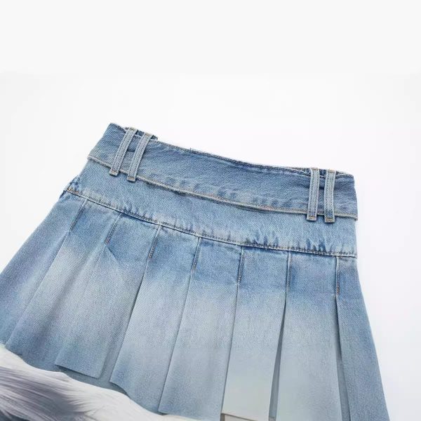 Wide Pleated Waistband Mini Denim Skirt - Image 4