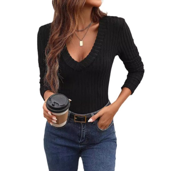 European And American Rib Slim V-neck Elegant Long Sleeve Spring And Summer T-shirt - Image 5