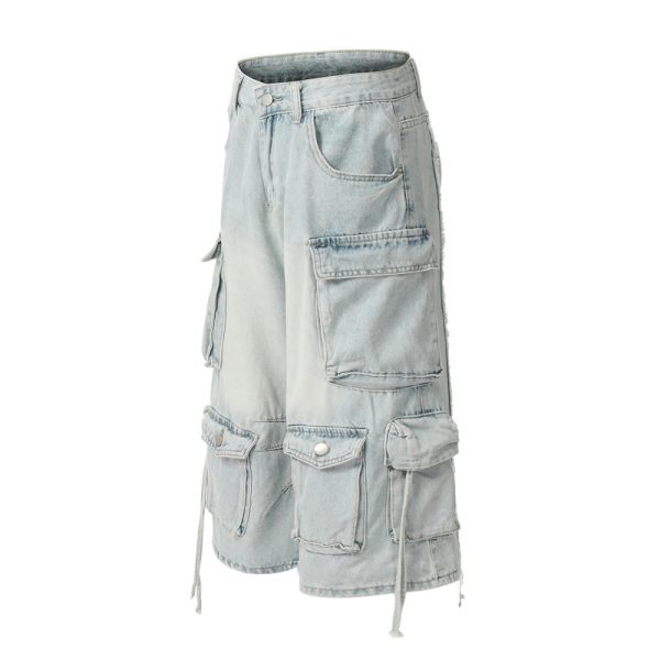 American Retro High Street Multi-pocket Worn Looking Washed-out Cargo Jeans - Image 3