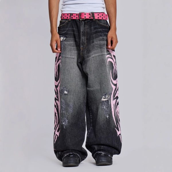 Water Washed Hole Printed Jeans