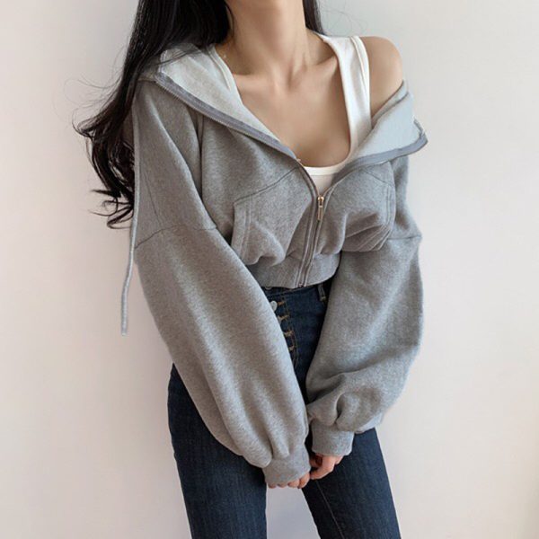 Temperament Leisure Versatile Zipper Women's Hooded Loose Short Sweatshirt - Image 2