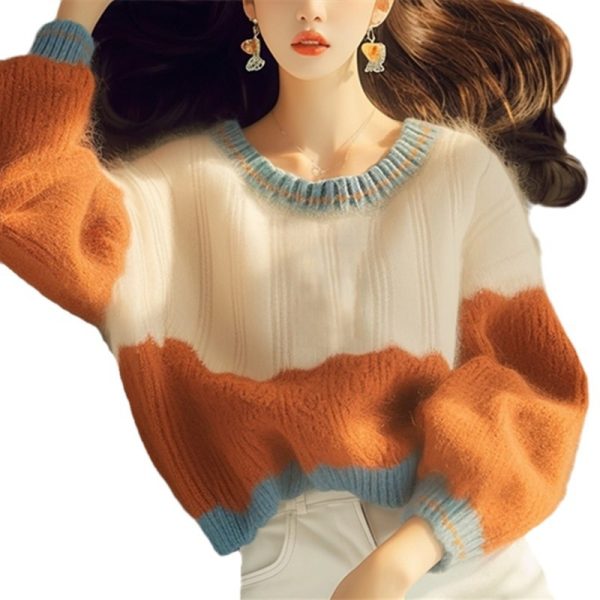 Autumn And Winter New Soft Glutinous Orange Round Neck Stitching Sweater - Image 6