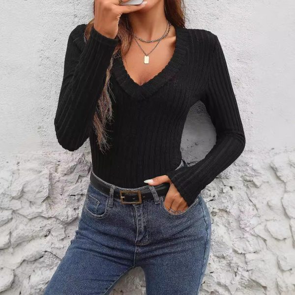 European And American Rib Slim V-neck Elegant Long Sleeve Spring And Summer T-shirt - Image 3