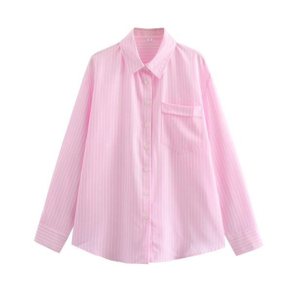 Four-color Striped Single-mouth Pocket Decoration Loose Women's Shirt - Image 6