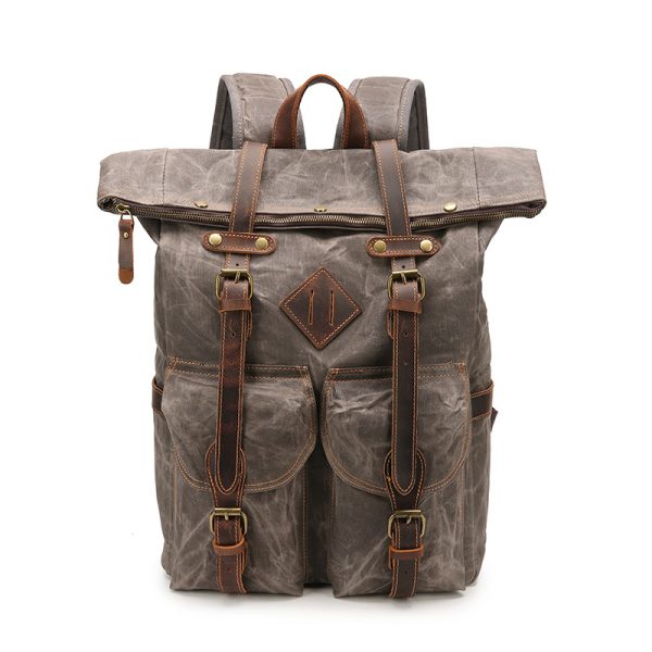 Retro Waterproof Crazy Horse Leather Canvas Large Capacity Backpack - Image 7