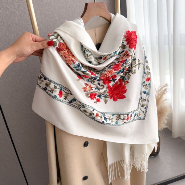 Red Gold Silk Embroidered Scarf For Women Winter All-matching Wool Extra Thick - Image 2