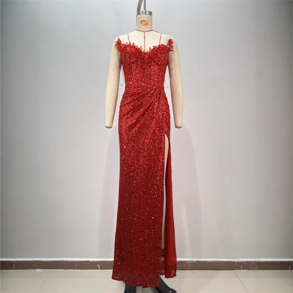 Drop-shaped Diamond Sexy Low-cut High Sitt Red Paillette Tube Coat And Dress - Image 2