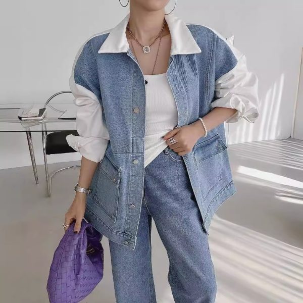 All-matching Fashion Color Contrast Stitching Denim Baggy Coat Women - Image 2