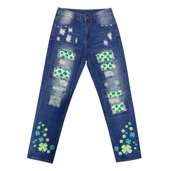 Women's Four-leaf Clover Printed Patch Ripped Jeans - Image 5