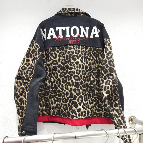 Denim Stitching Leopard Print Red Loose Motorcycle Clothing Jacket Coat - Image 4