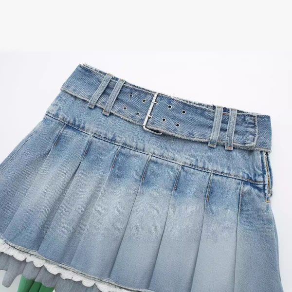 Wide Pleated Waistband Mini Denim Skirt - Image 2