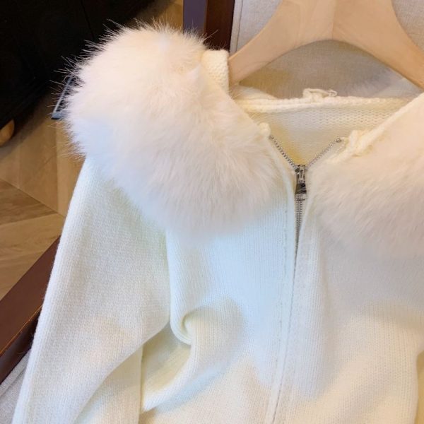 Double Zipper Fur Collar Stitching Design Sense Hooded Knit Cardigan - Image 4