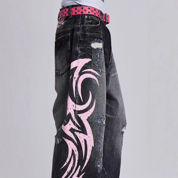 Water Washed Hole Printed Jeans - Image 3