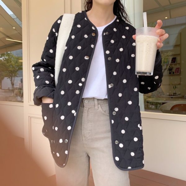 Polka Dot Round Neck Loose Double Pocket Quilted Jacket - Image 6