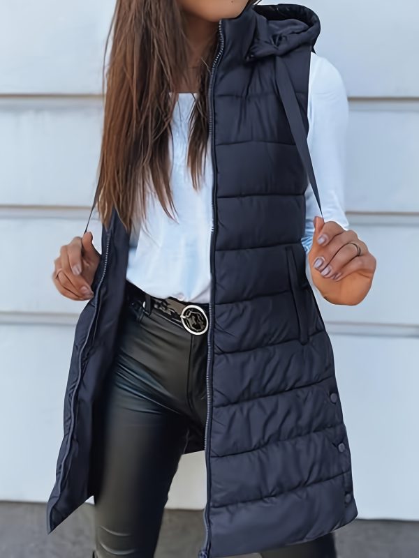 Solid Color Hooded Quilted Zipper Cotton Vest Coat - Image 6