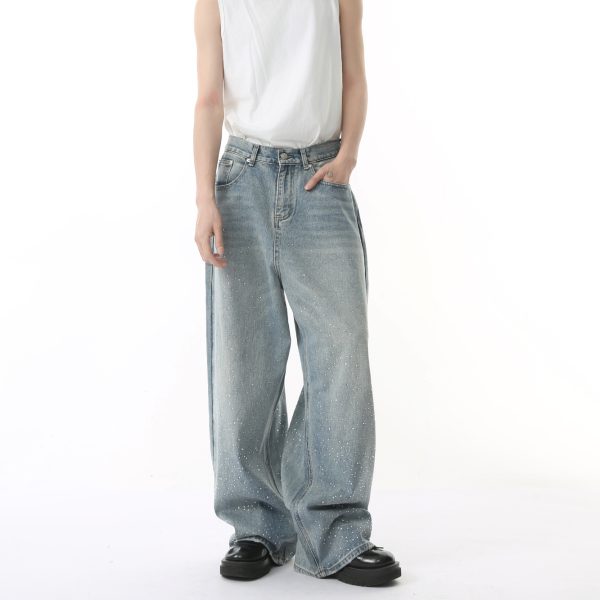 Hot Rhinestone Fashionable Loose Straight Loose Washed-out Jeans Fashion