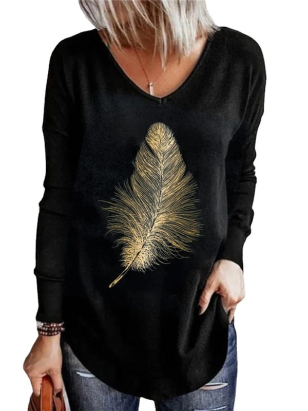 Women's Casual V-neck Bottoming Long-sleeved Printed T-shirt - Image 4