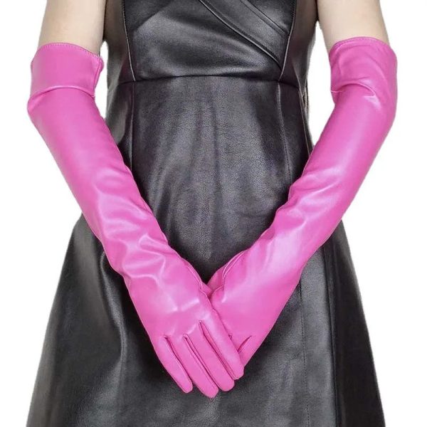 Faux Leather Long Fashion Women's Black Glossy Warm Gloves For Stage Performance - Image 6