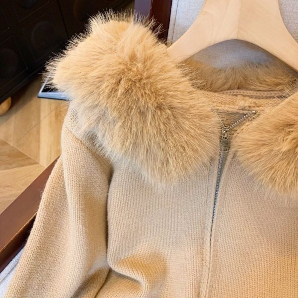 Double Zipper Fur Collar Stitching Design Sense Hooded Knit Cardigan - Image 3