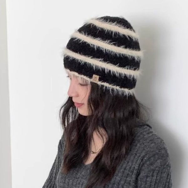 Striped Plush Knitted Hat All-matching - Image 2