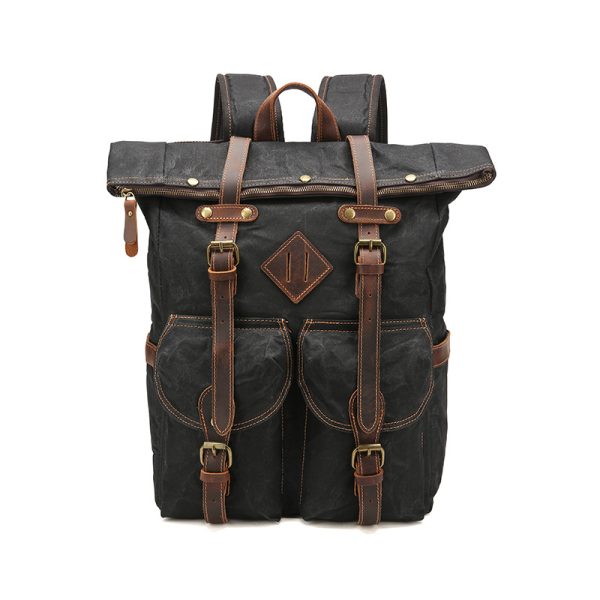 Retro Waterproof Crazy Horse Leather Canvas Large Capacity Backpack - Image 8