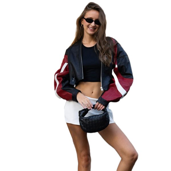 Motorcycle Slim Round Neck PU Leather Jacket - Image 5