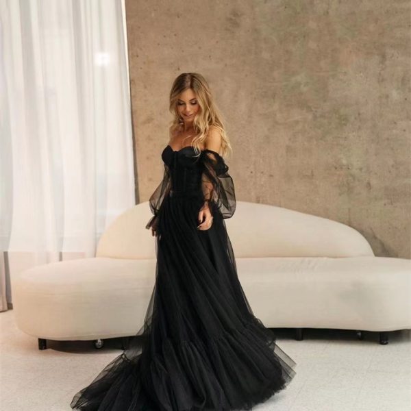 Women's Long Sleeve Transparent Lace Black Wedding Dress - Image 4