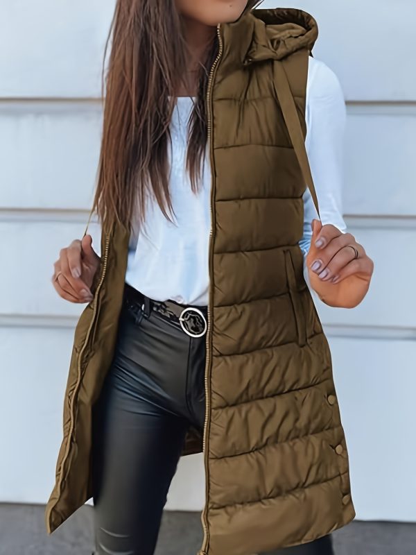 Solid Color Hooded Quilted Zipper Cotton Vest Coat - Image 8