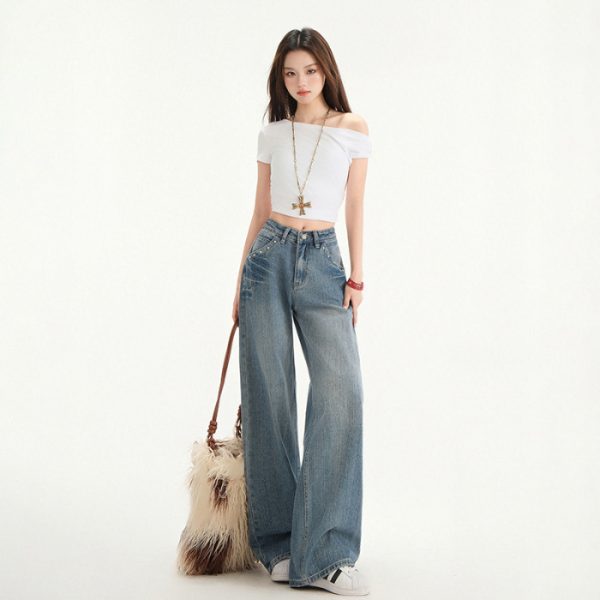 Retro High Waist Stud Design Jeans - Image 6