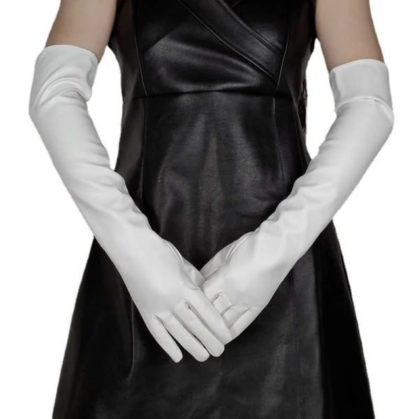 Faux Leather Long Fashion Women's Black Glossy Warm Gloves For Stage Performance - Image 2