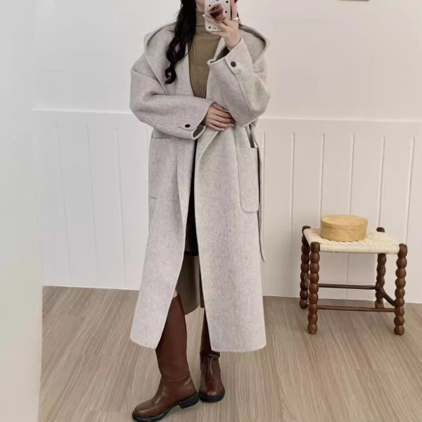 Solid Color Hooded Double-sided Wool Overcoat Women - Image 2