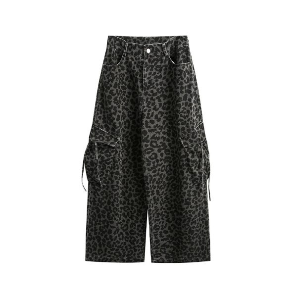 Vintage Leopard Print Wide Leg Pants Washed Old Large Pocket Overalls - Image 7