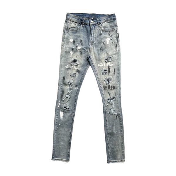 Handmade Splash-ink Blue Diamond Ripped Jeans - Image 5