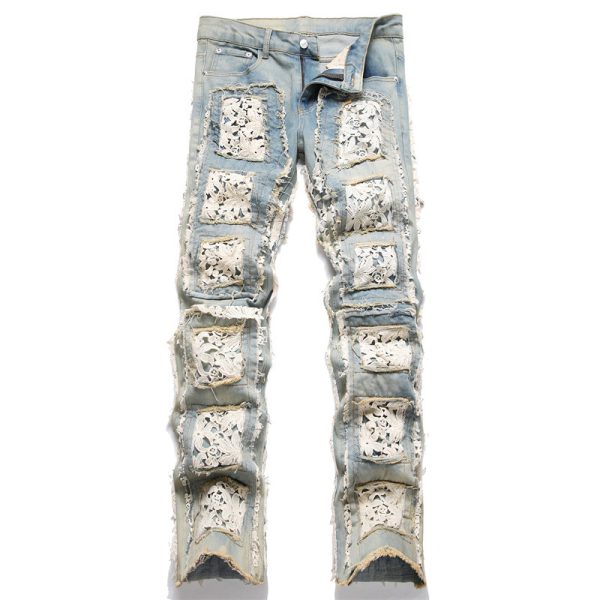 Slim-fit Straight Double-sided Embroidered Patch Youth Blue Men's Flared Jeans