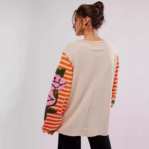 Women's Rose Thorn Towel Embroidery Sweater Striped Patchwork Sweater - Image 2