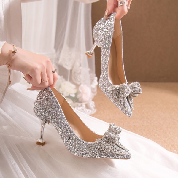 Crystal Sequins Wedding Xiuhe Stiletto Pointed-toe Shoes - Image 4