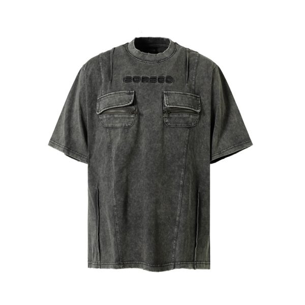 High Street Retro Workwear Zipper Pocket Decoration Washed Distressed Short Sleeve - Image 2