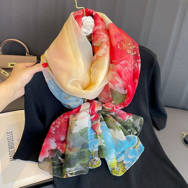 Peony Silk Scarf Women's Long Sun Protection - Image 2