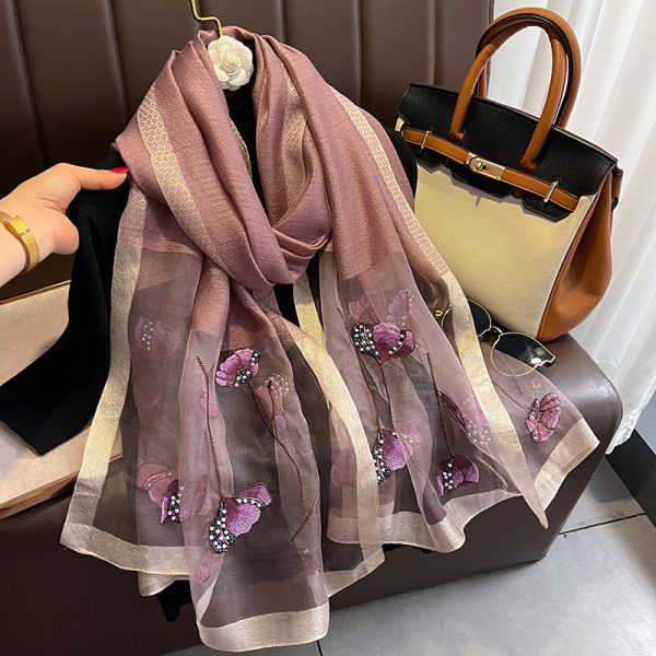 Chinese Style Pearl Flower Scarf Women's Embroidered Silk Scarf Warm Shawl - Image 10