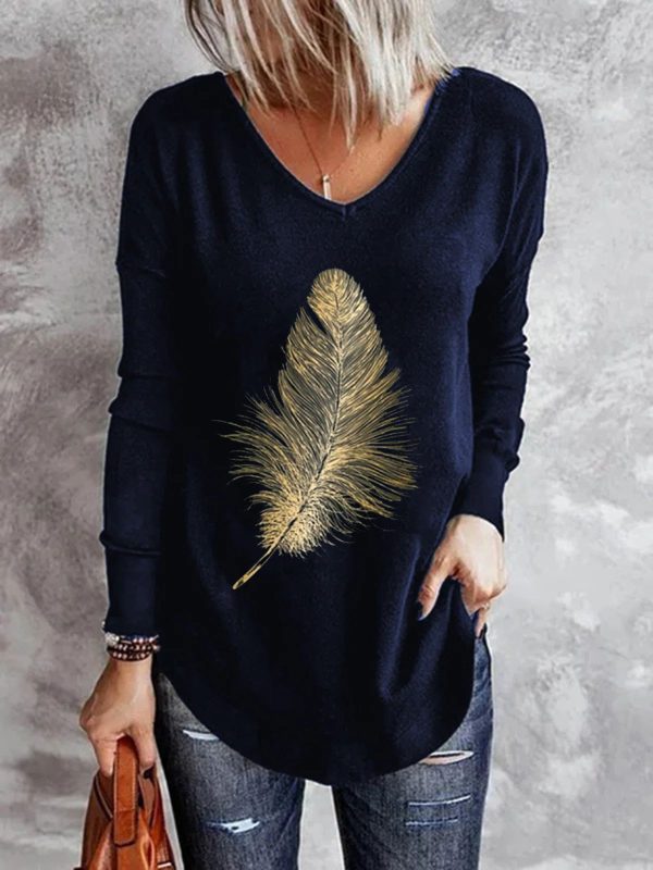 Women's Casual V-neck Bottoming Long-sleeved Printed T-shirt - Image 2