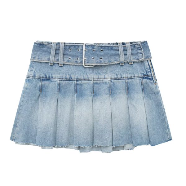 Wide Pleated Waistband Mini Denim Skirt - Image 6