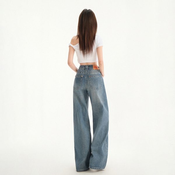 Retro High Waist Stud Design Jeans - Image 3