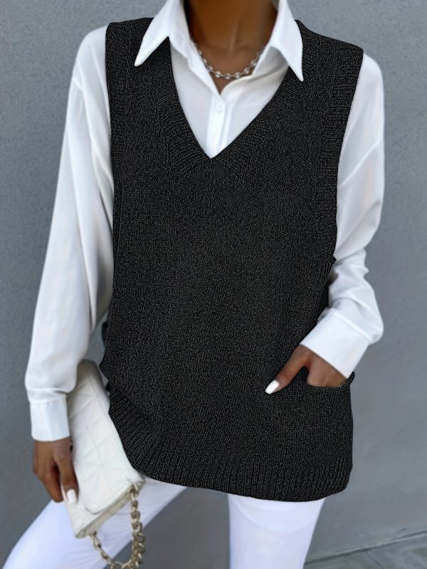 Women's Loose V-neck Double Pocket Knitted Sleeveless Sweater Waistcoat - Image 5