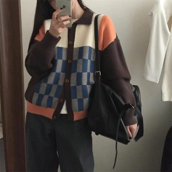 Color Matching Plaid Lapel Single Breasted Knitted Cardigan Sweater - Image 6