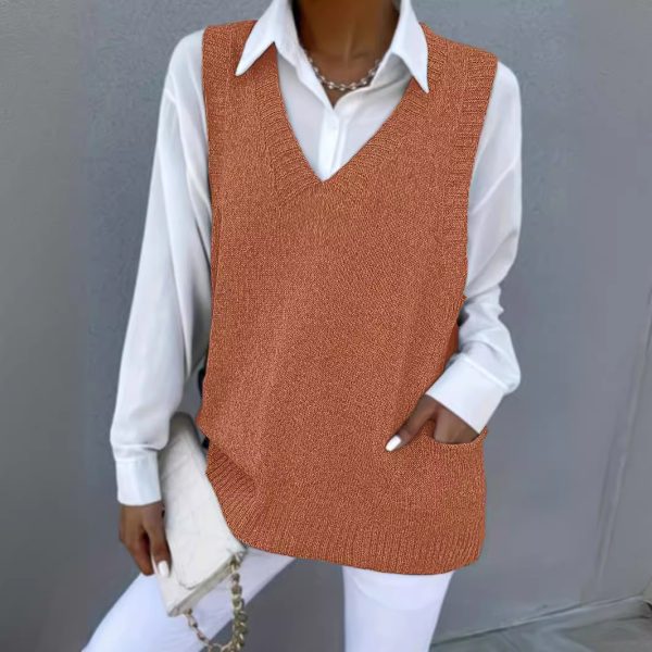 Women's Loose V-neck Double Pocket Knitted Sleeveless Sweater Waistcoat - Image 2