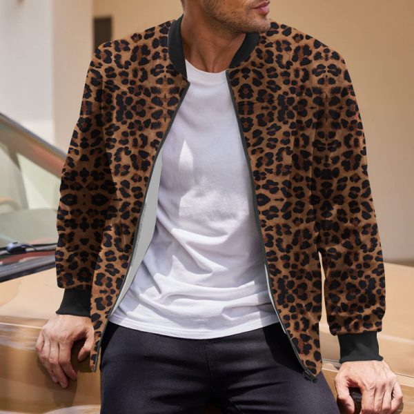 Autumn Vintage Leopard Print Pattern Men's Zipper Jacket Fleece-lined Long Sleeve Coat - Image 3